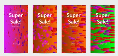 Soyut öyküler, arka planda küçük parlak kağıt parçaları olan şablonlar. Bozuk gradyan çizgileri olan dinamik modern tasarım. Basit renkli fütürist elementler.