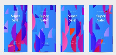 Parlak renkli rastgele çizgileri olan soyut öyküler. Dağılmış geometrik şekilli dinamik modern tasarım. Basit renkli fütürist elementler. Spor müziği sosyal medya düzeni.