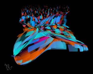 Küçük şeffaf parçacık patlamasından oluşan soyut fütürist şekil. Optik sanat geometrik arka planı ve yüksek hareket hızı. Siyaha izole edilmiş gelecekçi vektör illüstrasyonu