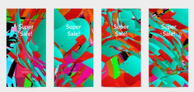 Parlak renkli küçük parçacık patlaması ile soyut sosyal medya şablonu. Spor müziği sosyal medya düzeni. Dış uzay hareketli optik sanat dinamik arka planı. Gelecekçi vektör.