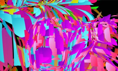 Parlak renkli küçük parçacık patlaması içeren soyut iniş sayfası şablonu. Spor müziği sosyal medya düzeni. Dış uzay hareketli optik sanat dinamik arka planı. Gelecekçi vektör.