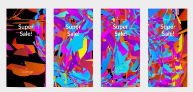 Parlak renkli küçük parçacık patlaması ile soyut sosyal medya şablonu. Spor müziği sosyal medya düzeni. Dış uzay hareketli optik sanat dinamik arka planı. Gelecekçi vektör.