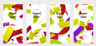 Parlak renkli rastgele çizgileri olan soyut öyküler. Dağılmış geometrik şekilli dinamik modern tasarım. Basit renkli fütürist elementler. Spor müziği sosyal medya düzeni.