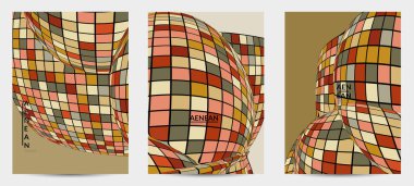 Kare piksel mozaik şekli bozulmuş. Düz retro renklerin üzerine siyah tel çerçeve. Soyut hava balonu vektör arkaplanı.