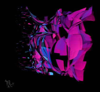 Küçük şeffaf parçacık patlamasından oluşan soyut fütürist şekil. Optik sanat geometrik arka planı ve yüksek hareket hızı. Siyaha izole edilmiş gelecekçi vektör illüstrasyonu