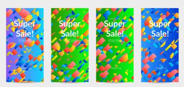 Soyut öyküler, arka planda küçük parlak kağıt parçaları olan şablonlar. Bozuk gradyan çizgileri olan dinamik modern tasarım. Basit renkli fütürist elementler.