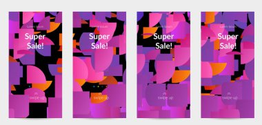 Parlak renkli rastgele çizgileri olan soyut öyküler. Dağılmış geometrik şekilli dinamik modern tasarım. Basit renkli fütürist elementler. Spor müziği sosyal medya düzeni.