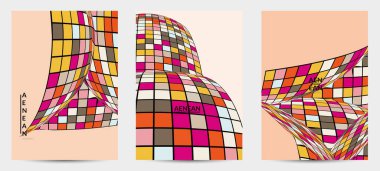 Kare piksel mozaik şekli bozulmuş. Düz retro renklerin üzerine siyah tel çerçeve. Soyut hava balonu vektör arkaplanı.