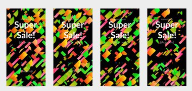 Siyah arka planda küçük parlak kağıt parçaları olan soyut hikayeler. Bozuk gradyan çizgileri olan dinamik modern tasarım. Basit renkli fütürist elementler.