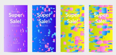 Soyut öyküler, arka planda küçük parlak kağıt parçaları olan şablonlar. Bozuk gradyan çizgileri olan dinamik modern tasarım. Basit renkli fütürist elementler.