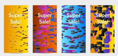 Soyut öyküler, arka planda küçük parlak kağıt parçaları olan şablonlar. Bozuk gradyan çizgileri olan dinamik modern tasarım. Basit renkli fütürist elementler.