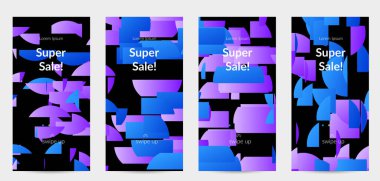 Parlak renkli rastgele çizgileri olan soyut öyküler. Dağılmış geometrik şekilli dinamik modern tasarım. Basit renkli fütürist elementler. Spor müziği sosyal medya düzeni.