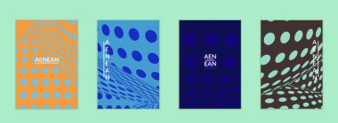 Görsel bozulma etkisiyle soyut yarım ton uçucu şablonu. Optik sanat geçmişi. Çarpık üç boyutlu uzay. Düz arkaplan üzerinde daireleri olan gelecekçi vektör illüstrasyonu