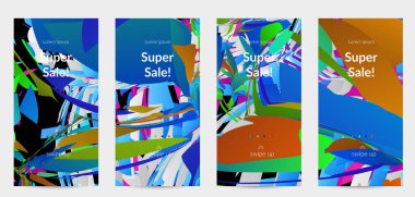 Parlak renkli küçük parçacık patlaması ile soyut sosyal medya şablonu. Spor müziği sosyal medya düzeni. Dış uzay hareketli optik sanat dinamik arka planı. Gelecekçi vektör.