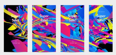 Parlak renkli küçük parçacık patlaması ile soyut sosyal medya şablonu. Spor müziği sosyal medya düzeni. Dış uzay hareketli optik sanat dinamik arka planı. Gelecekçi vektör.