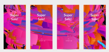 Parlak renkli küçük parçacık patlaması ile soyut sosyal medya şablonu. Spor müziği sosyal medya düzeni. Dış uzay hareketli optik sanat dinamik arka planı. Gelecekçi vektör.