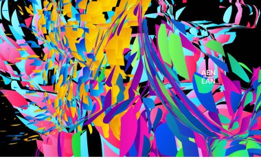 Parlak renkli küçük parçacık patlaması içeren soyut iniş sayfası şablonu. Spor müziği sosyal medya düzeni. Dış uzay hareketli optik sanat dinamik arka planı. Gelecekçi vektör.