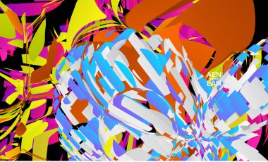 Parlak renkli küçük parçacık patlaması içeren soyut iniş sayfası şablonu. Spor müziği sosyal medya düzeni. Dış uzay hareketli optik sanat dinamik arka planı. Gelecekçi vektör.