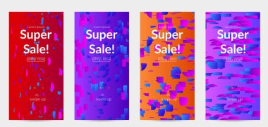 Soyut öyküler, arka planda küçük parlak kağıt parçaları olan şablonlar. Bozuk gradyan çizgileri olan dinamik modern tasarım. Basit renkli fütürist elementler.