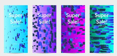 Soyut öyküler, arka planda küçük parlak kağıt parçaları olan şablonlar. Bozuk gradyan çizgileri olan dinamik modern tasarım. Basit renkli fütürist elementler.