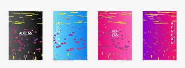 Değişken arkaplan üzerinde küçük parlak kağıt parçaları olan soyut el ilanı şablonları. Bozuk gradyan çizgileri olan dinamik modern tasarım. Basit renkli fütürist elementler.