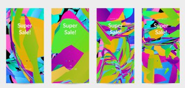 Parlak renkli küçük parçacık patlaması ile soyut sosyal medya şablonu. Spor müziği sosyal medya düzeni. Dış uzay hareketli optik sanat dinamik arka planı. Gelecekçi vektör.