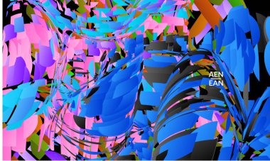 Parlak renkli küçük parçacık patlaması içeren soyut iniş sayfası şablonu. Spor müziği sosyal medya düzeni. Dış uzay hareketli optik sanat dinamik arka planı. Gelecekçi vektör.