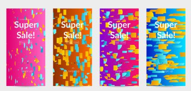 Soyut öyküler, arka planda küçük parlak kağıt parçaları olan şablonlar. Bozuk gradyan çizgileri olan dinamik modern tasarım. Basit renkli fütürist elementler.