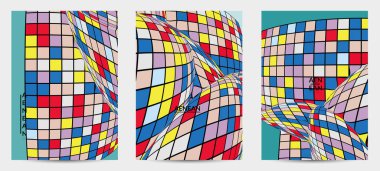 Kare piksel mozaik şekli bozulmuş. Düz retro renklerin üzerine siyah tel çerçeve. Soyut hava balonu vektör arkaplanı.