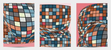 Kare piksel mozaik şekli bozulmuş. Düz retro renklerin üzerine siyah tel çerçeve. Soyut hava balonu vektör arkaplanı.