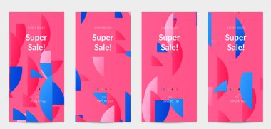 Parlak renkli rastgele çizgileri olan soyut öyküler. Dağılmış geometrik şekilli dinamik modern tasarım. Basit renkli fütürist elementler. Spor müziği sosyal medya düzeni.