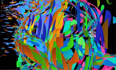 Parlak renkli küçük parçacık patlaması içeren soyut iniş sayfası şablonu. Spor müziği sosyal medya düzeni. Dış uzay hareketli optik sanat dinamik arka planı. Gelecekçi vektör.