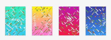 Değişken arkaplan üzerinde küçük parlak kağıt parçaları olan soyut el ilanı şablonları. Bozuk gradyan çizgileri olan dinamik modern tasarım. Basit renkli fütürist elementler.