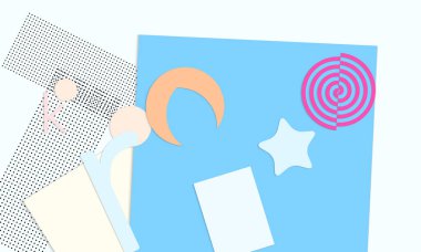 Soyut kağıt kesimi üst görünüm. Kağıt kesikli arka plan şablonu geometrik şekiller düz ve 3D gerçekçi gölge ile yatıyordu. Pastel renkler. Vektör sancak kağıt biçimi.