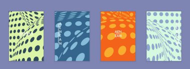 Görsel bozulma etkisiyle soyut yarım ton uçucu şablonu. Optik sanat geçmişi. Çarpık üç boyutlu uzay. Düz arkaplan üzerinde daireleri olan gelecekçi vektör illüstrasyonu