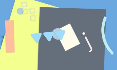 Soyut eğitim geçmişi var. Kağıt kesikli geometrik şekilli öğretmen masasının üst görüntüsü, kağıt kağıtlar. İlkokul sanat ve zanaat dersi. Pastel renkler. Düz konum vektör kağıt biçimi.