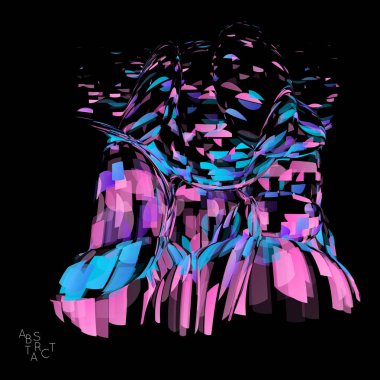 Küçük şeffaf parçacık patlamasından oluşan soyut fütürist şekil. Optik sanat geometrik arka planı ve yüksek hareket hızı. Siyaha izole edilmiş gelecekçi vektör illüstrasyonu