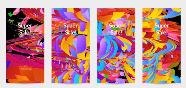 Parlak renkli küçük parçacık patlaması ile soyut sosyal medya şablonu. Spor müziği sosyal medya düzeni. Dış uzay hareketli optik sanat dinamik arka planı. Gelecekçi vektör.