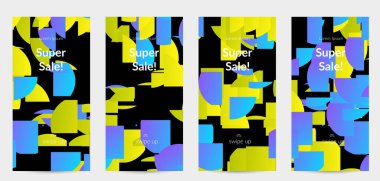 Parlak renkli rastgele çizgileri olan soyut öyküler. Dağılmış geometrik şekilli dinamik modern tasarım. Basit renkli fütürist elementler. Spor müziği sosyal medya düzeni.