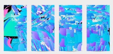 Parlak renkli küçük parçacık patlaması ile soyut sosyal medya şablonu. Spor müziği sosyal medya düzeni. Dış uzay hareketli optik sanat dinamik arka planı. Gelecekçi vektör.