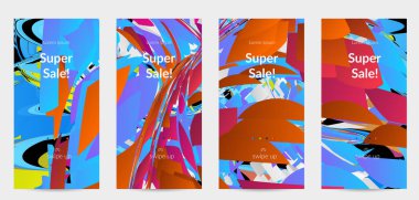 Parlak renkli küçük parçacık patlaması ile soyut sosyal medya şablonu. Spor müziği sosyal medya düzeni. Dış uzay hareketli optik sanat dinamik arka planı. Gelecekçi vektör.