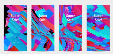 Parlak renkli küçük parçacık patlaması ile soyut sosyal medya şablonu. Spor müziği sosyal medya düzeni. Dış uzay hareketli optik sanat dinamik arka planı. Gelecekçi vektör.