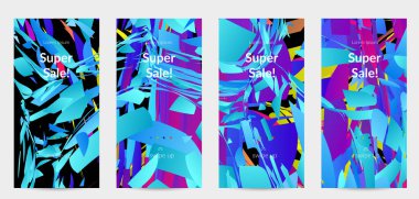 Parlak renkli küçük parçacık patlaması ile soyut sosyal medya şablonu. Spor müziği sosyal medya düzeni. Dış uzay hareketli optik sanat dinamik arka planı. Gelecekçi vektör.