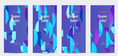 Parlak renkli rastgele çizgileri olan soyut öyküler. Dağılmış geometrik şekilli dinamik modern tasarım. Basit renkli fütürist elementler. Spor müziği sosyal medya düzeni.