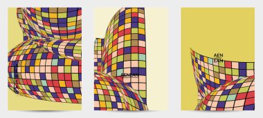 Kare piksel mozaik şekli bozulmuş. Düz retro renklerin üzerine siyah tel çerçeve. Soyut hava balonu vektör arkaplanı.