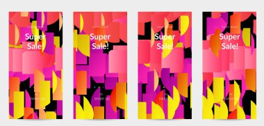 Parlak renkli rastgele çizgileri olan soyut öyküler. Dağılmış geometrik şekilli dinamik modern tasarım. Basit renkli fütürist elementler. Spor müziği sosyal medya düzeni.