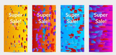 Soyut öyküler, arka planda küçük parlak kağıt parçaları olan şablonlar. Bozuk gradyan çizgileri olan dinamik modern tasarım. Basit renkli fütürist elementler.