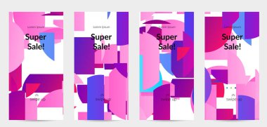 Parlak renkli rastgele çizgileri olan soyut öyküler. Dağılmış geometrik şekilli dinamik modern tasarım. Basit renkli fütürist elementler. Spor müziği sosyal medya düzeni.