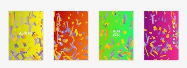 Değişken arkaplan üzerinde küçük parlak kağıt parçaları olan soyut el ilanı şablonları. Bozuk gradyan çizgileri olan dinamik modern tasarım. Basit renkli fütürist elementler.