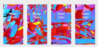 Parlak renkli küçük parçacık patlaması ile soyut sosyal medya şablonu. Spor müziği sosyal medya düzeni. Dış uzay hareketli optik sanat dinamik arka planı. Gelecekçi vektör.